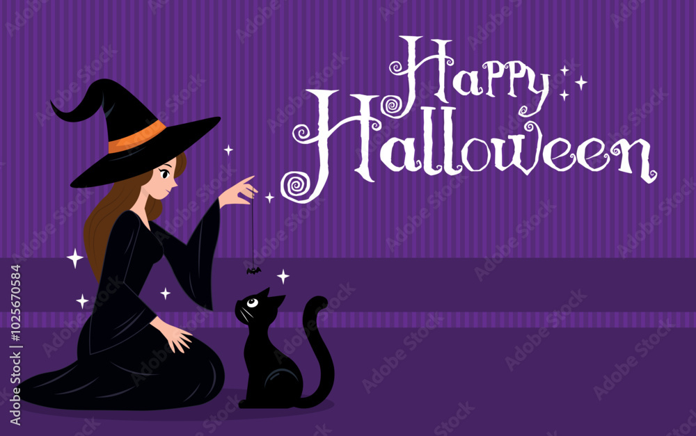 witch, with black cat, illustration, in the moonlight, with the text, Happy Halloween, background, banner witch, with black cat, illustration, in the moonlight, with the text, Happy Halloween, background, banner