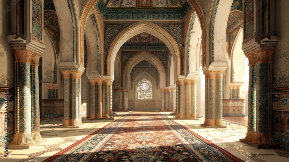 Obraz premium Sunlit Corridor in an Ornate, Ancient Palace