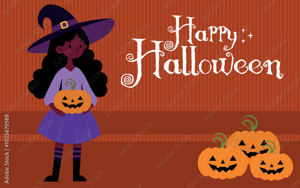 witch, black, cute, illustration, in the moonlight, with the text, Happy Halloween, background, banner, in orange tones witch, black, cute, illustration, in the moonlight, with the text, Happy Halloween, background, banner, in orange tones