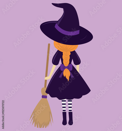 red-haired witch, with her back holding a broom, with braids in her hair, and a black dress, illustration