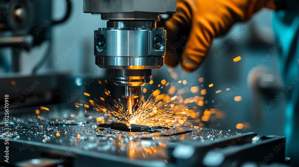 Worker using machine to cut metal, sparks flying Worker using machine to cut metal, sparks flying