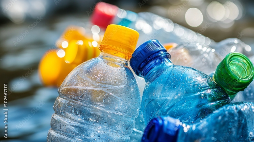 Closeup of Colorful Plastic Water Bottles with Water Droplets Closeup of Colorful Plastic Water Bottles with Water Droplets