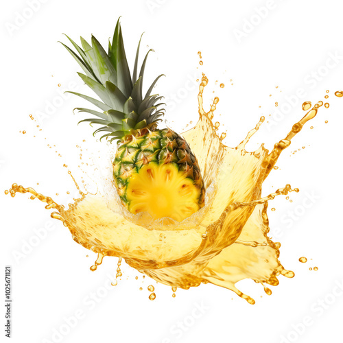 Fresh pineapple splashing into vibrant juice, creating a dynamic scene of fruit and liquid