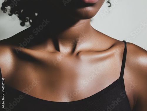 close up view of womans collarbone and shoulders, showcasing smooth skin and natural beauty. lighting highlights contours and adds depth to image, creating elegant and artistic expression photo