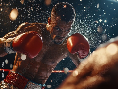 Intense Boxer Throwing Punch in Dramatic Ring Scene photo