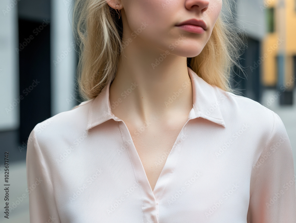 close up of woman wearing light colored blouse, showcasing her elegant neckline and soft features. image captures serene and stylish moment in urban setting