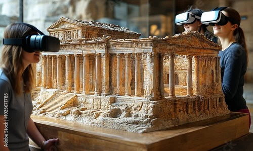 Detailed architectural model with visitors using virtual reality headsets.