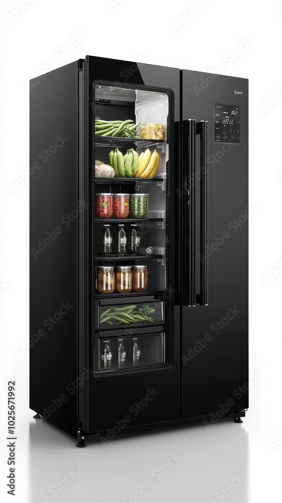 Sleek Black Refrigerator with Open Door and Fresh Produce Sleek Black Refrigerator with Open Door and Fresh Produce