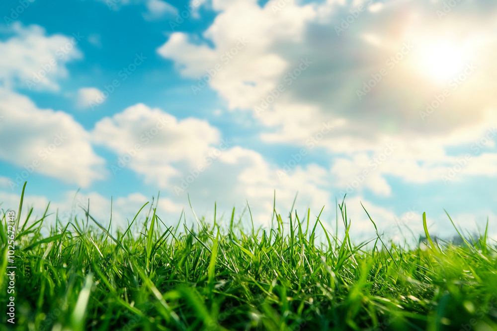 Fresh Green Grass and Blue Sky Horizon: Tranquil Outdoor Nature Scene Fresh Green Grass and Blue Sky Horizon: Tranquil Outdoor Nature Scene