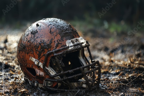 Mud-Covered Football Helmet on Ground photo