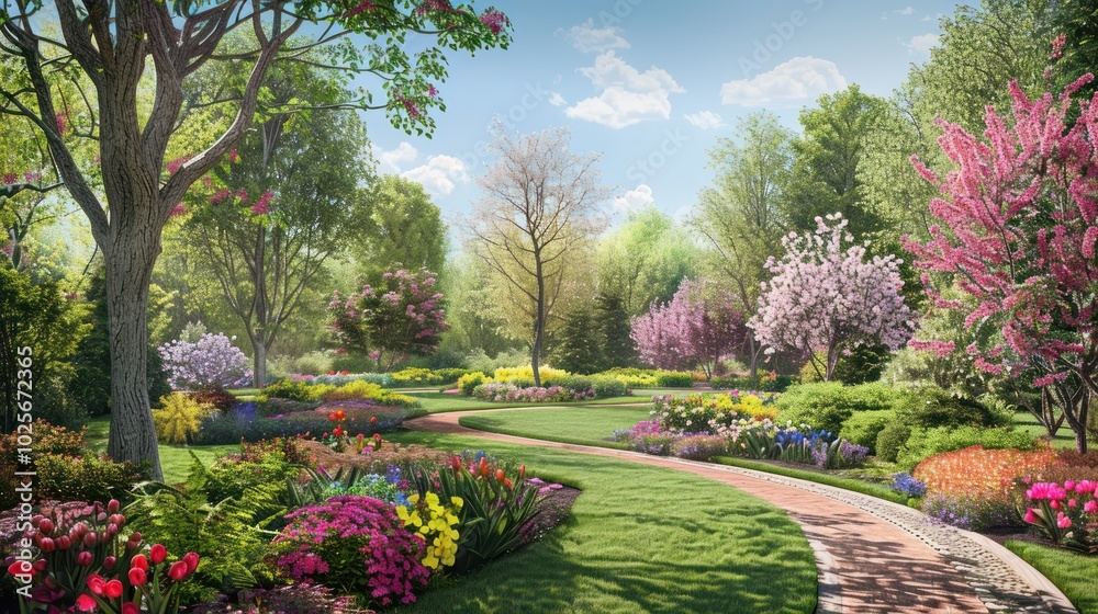 A Winding Path Through a Lush Garden with Colorful Flowers A Winding Path Through a Lush Garden with Colorful Flowers