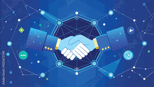 Digital handshake on blue technology background. Abstract two hands in lines, connected dots, and triangles. Polygonal grid 3D vector illustration. Business partnership concept. Low poly wireframe.