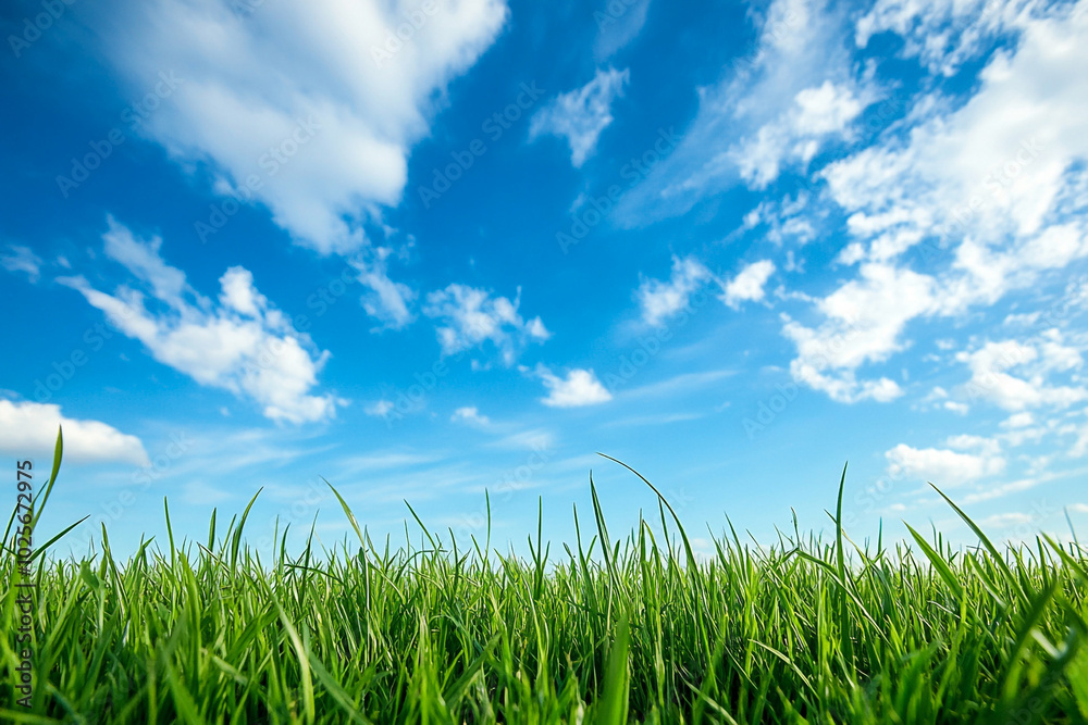 Fresh Green Grass and Blue Sky Horizon: Tranquil Outdoor Nature Scene Fresh Green Grass and Blue Sky Horizon: Tranquil Outdoor Nature Scene