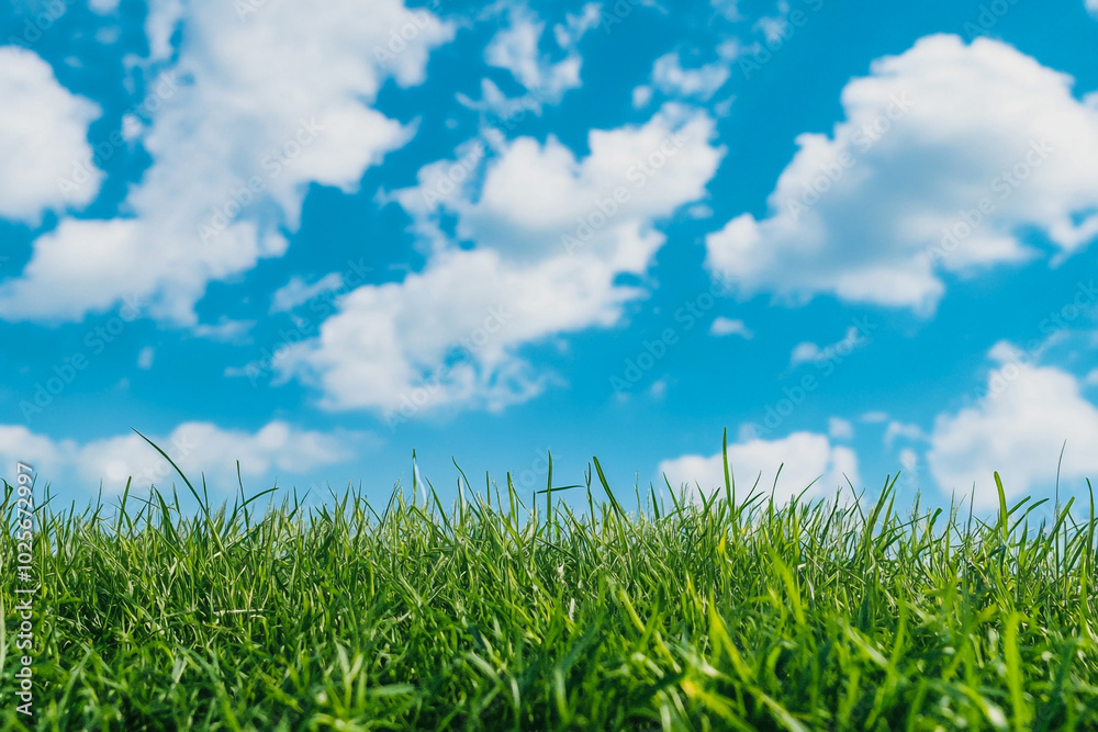 Fresh Green Grass and Blue Sky Horizon: Tranquil Outdoor Nature Scene Fresh Green Grass and Blue Sky Horizon: Tranquil Outdoor Nature Scene