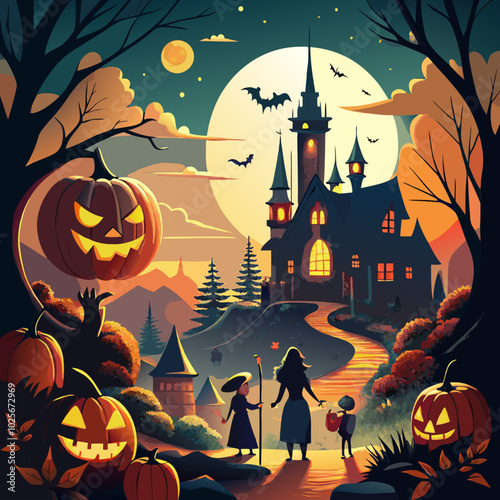 Halloween Haunted House - Silhouette of a spooky haunted house with bats flying overhead
