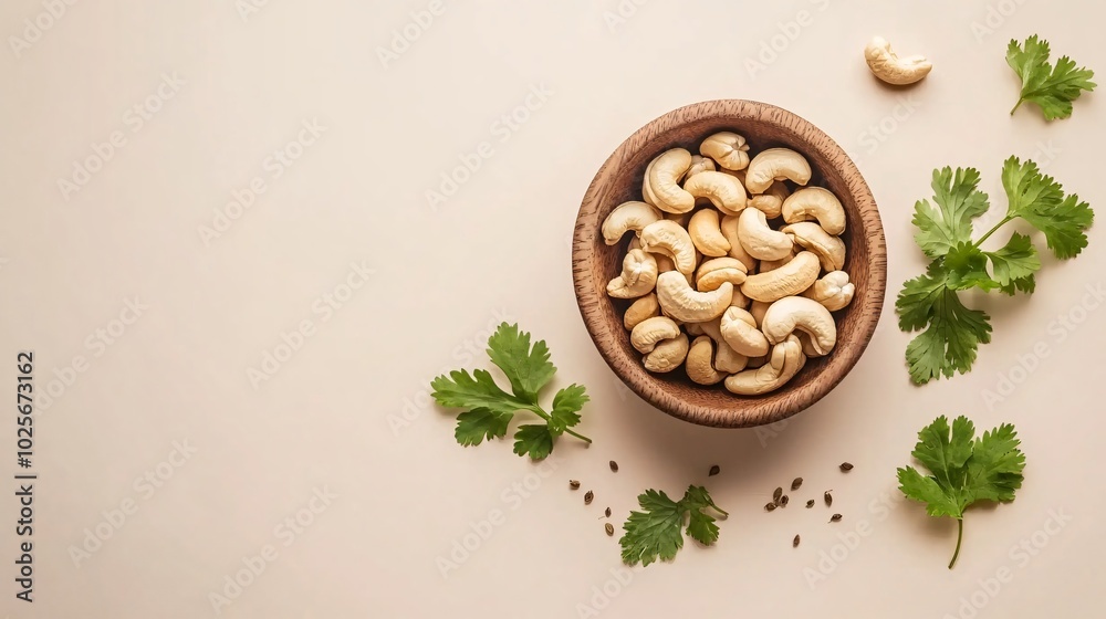 Cashews in a wooden bowl, isolated on a soft beige background with decorative cumin seeds and cilantro leaves Cashews in a wooden bowl, isolated on a soft beige background with decorative cumin seeds and cilantro leaves