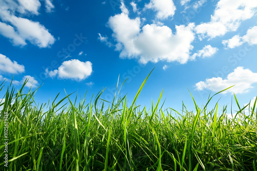 Fresh Green Grass and Blue Sky Horizon: Tranquil Outdoor Nature Scene