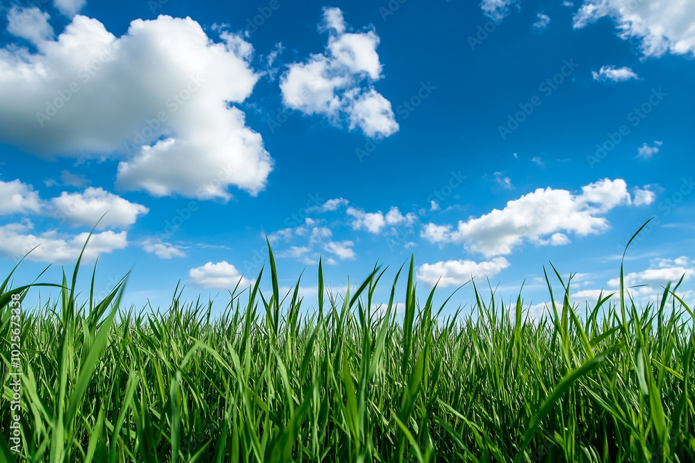 Fresh Green Grass and Blue Sky Horizon: Tranquil Outdoor Nature Scene Fresh Green Grass and Blue Sky Horizon: Tranquil Outdoor Nature Scene