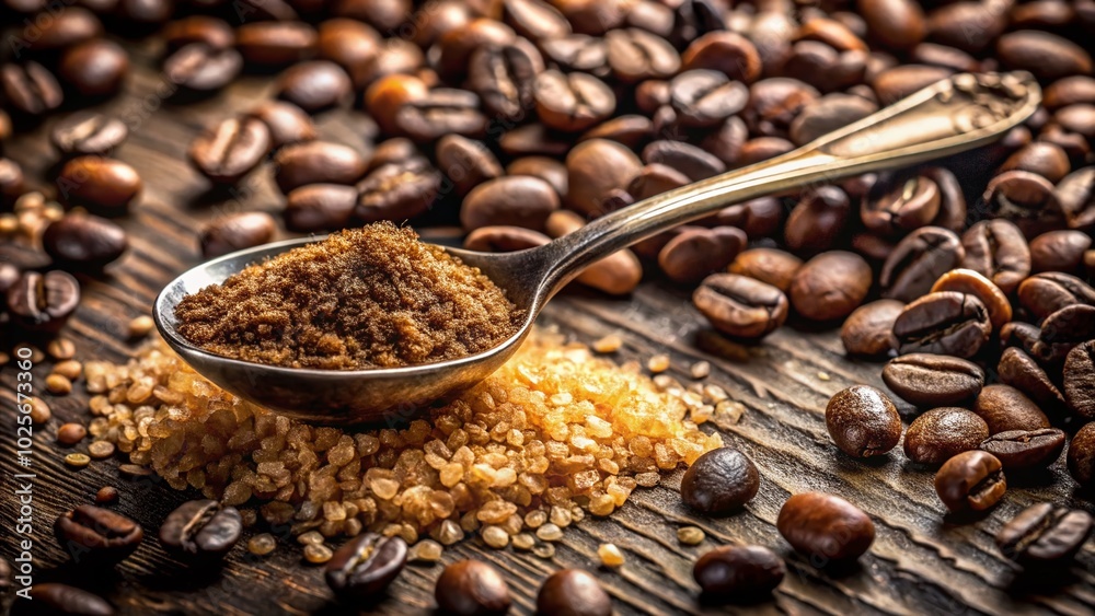 Fototapeta premium Macro Photography of Coffee Beans and Brown Sugar for Culinary Inspiration