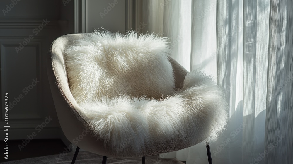 Modern Chair with Delicate Fluffy Fur Accents Modern Chair with Delicate Fluffy Fur Accents