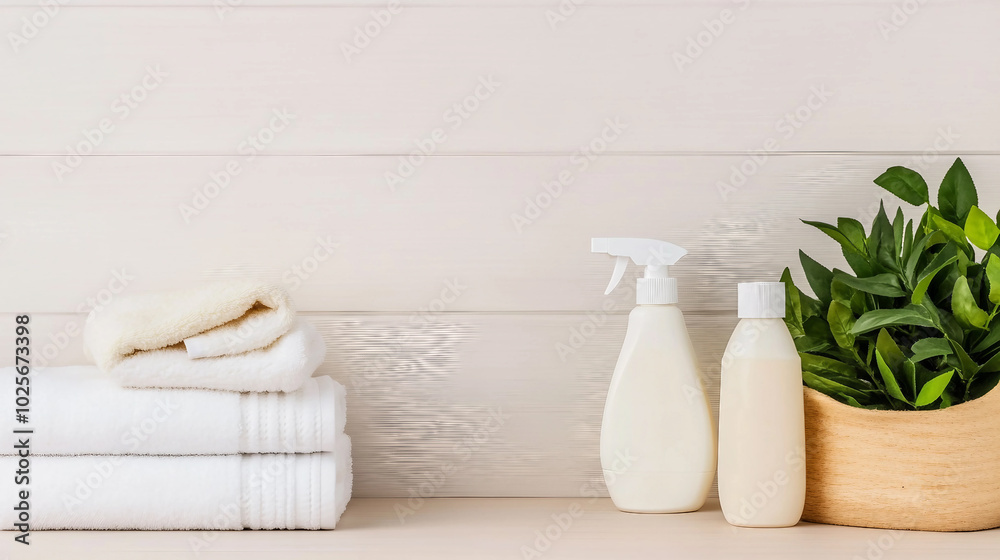 Relaxing Spa Setup with Fresh Towels Natural Plant and Luxurious Bottles Relaxing Spa Setup with Fresh Towels Natural Plant and Luxurious Bottles