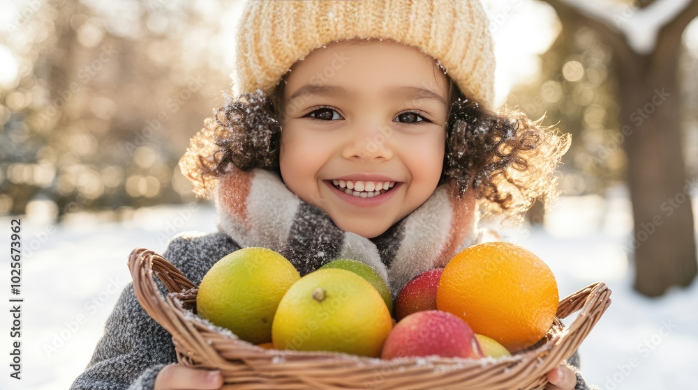 Happy Child Holding Fresh Fruits in Winter Scene Happy Child Holding Fresh Fruits in Winter Scene