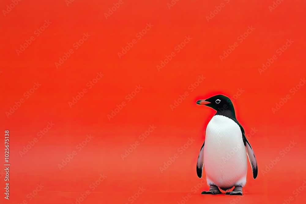 Fototapeta premium A Single Penguin Standing on a Red Background