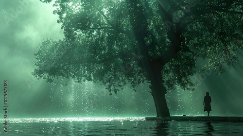 Silhouette of a Person Standing by a Lake with Fog and Sunlight