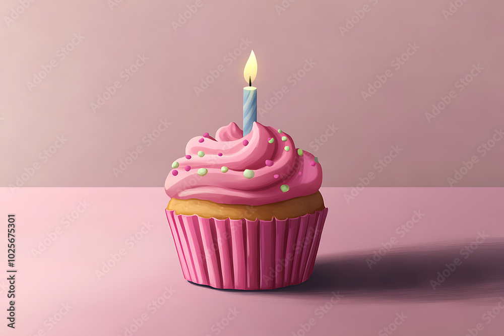 A colorful cupcake with pink frosting and a lit candle, symbolizing celebration and joy. A colorful cupcake with pink frosting and a lit candle, symbolizing celebration and joy.