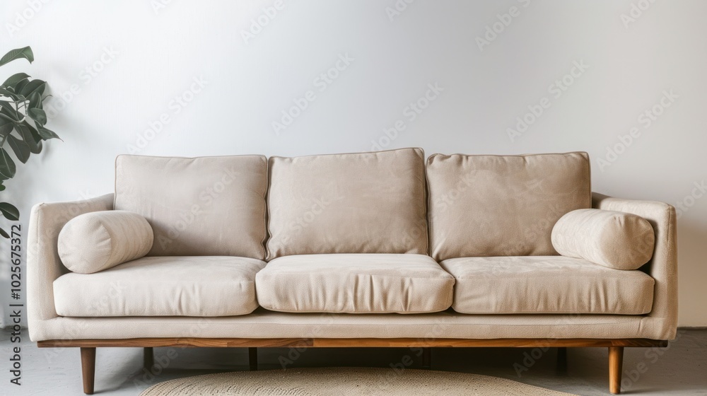 Beige Sofa with Wooden Legs and Pillows in a Minimalist Room Beige Sofa with Wooden Legs and Pillows in a Minimalist Room