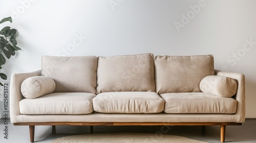 Beige Sofa with Wooden Legs and Pillows in a Minimalist Room