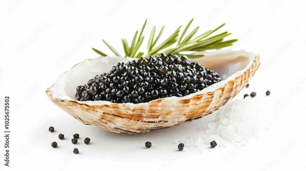 Caviar served in a shell, isolated on a white background with decorative fresh rosemary and sea salt Caviar served in a shell, isolated on a white background with decorative fresh rosemary and sea salt