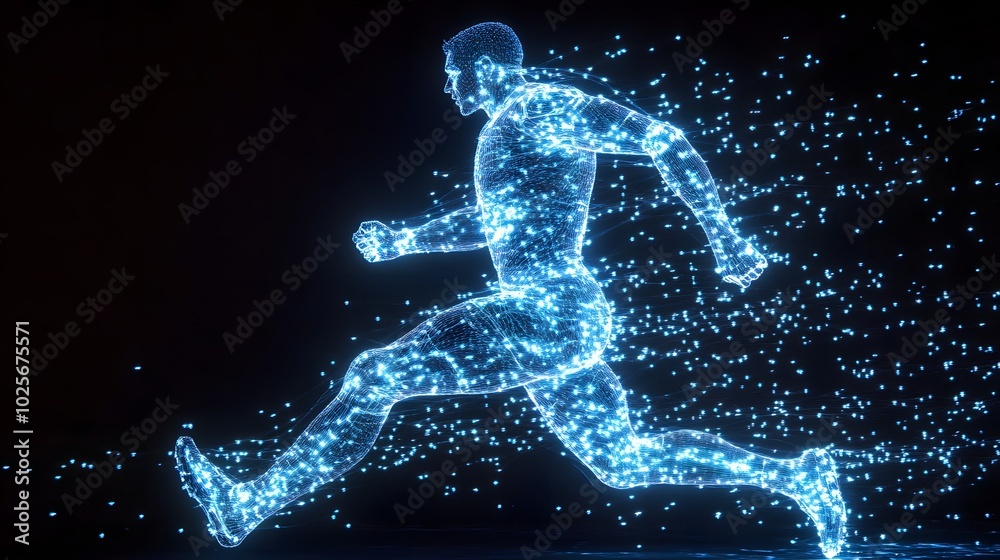 Fototapeta premium 27. A luminescent hologram of a human figure in a sports pose, illustrating movement
