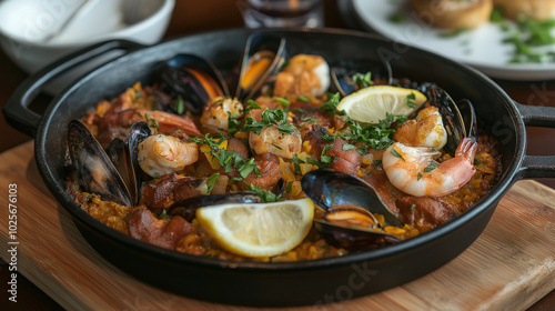 Seafood paella presented in a cast-iron skillet with a crispy top, served with lemon wedges and fresh herbs