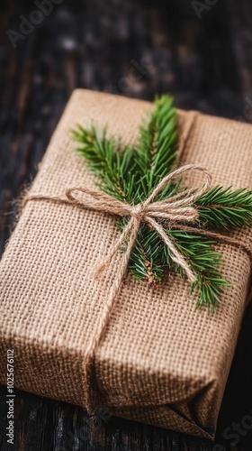 Rustic gift wrapped in burlap, adorned with pine branches, perfect for festive occasions and holiday celebrations.