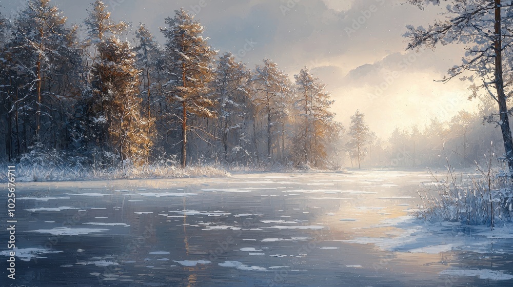 Tranquil Frozen Lake in a Snowy Forest Landscape Tranquil Frozen Lake in a Snowy Forest Landscape