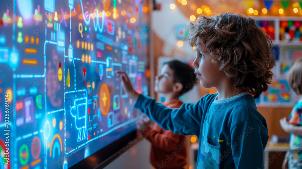 Engaged children interact with vibrant digital display in classroom, exploring colorful graphics and learning through technology. atmosphere is lively and educational Engaged children interact with vibrant digital display in classroom, exploring colorful graphics and learning through technology. atmosphere is lively and educational