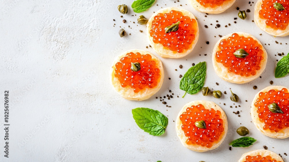 Red caviar on a bed of blinis, isolated on a light gray background with decorative fresh mint and capers Red caviar on a bed of blinis, isolated on a light gray background with decorative fresh mint and capers