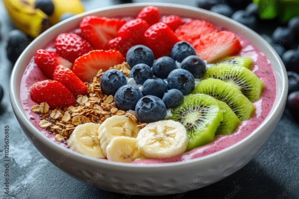 A colorful smoothie bowl topped with fresh fruits and granola for a healthy meal.