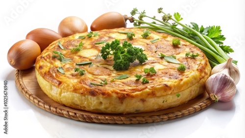 Spanish Tortilla Omelette with Potatoes and Onions on White Background - Golden Brown Delight