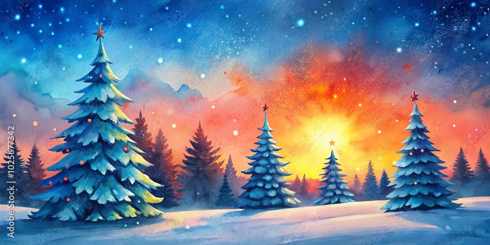 Naklejka premium Magical Winter Wonderland Christmas Scene with Pine Trees and Sunset
