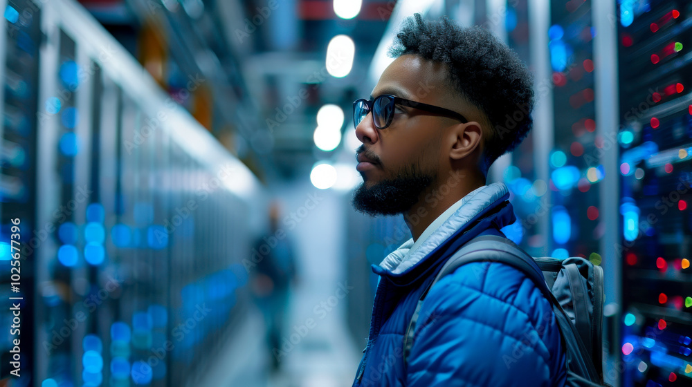 focused cloud computing engineer analyzing data in server room, surrounded by advanced technology and illuminated servers. atmosphere is one of innovation and expertise focused cloud computing engineer analyzing data in server room, surrounded by advanced technology and illuminated servers. atmosphere is one of innovation and expertise