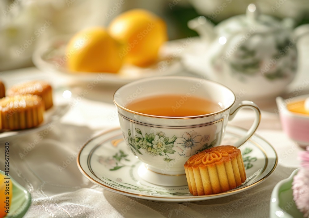 Tea cup with a mooncake and lemon, beautifully arranged on a floral tablecloth, creating a warm and inviting atmosphere perfect for afternoon tea gatherings Tea cup with a mooncake and lemon, beautifully arranged on a floral tablecloth, creating a warm and inviting atmosphere perfect for afternoon tea gatherings