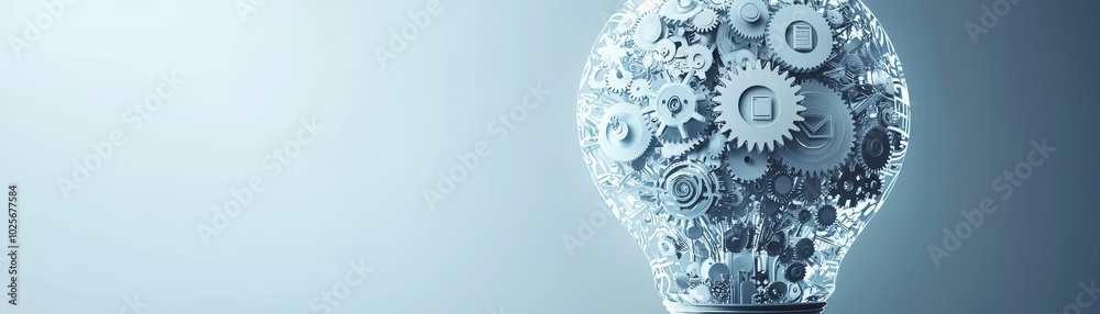 custom made wallpaper toronto digitalCreative thinking in business, lightbulb made of interconnected gears and icons representing business and creativity, complex ideas, mechanical creativity in business on grey background