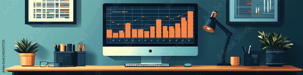 Computer Screen Graphs, Charts on a LinkedIn Banner with Green Potted Plants, Background, AI Generated Computer Screen Graphs, Charts on a LinkedIn Banner with Green Potted Plants, Background, AI Generated
