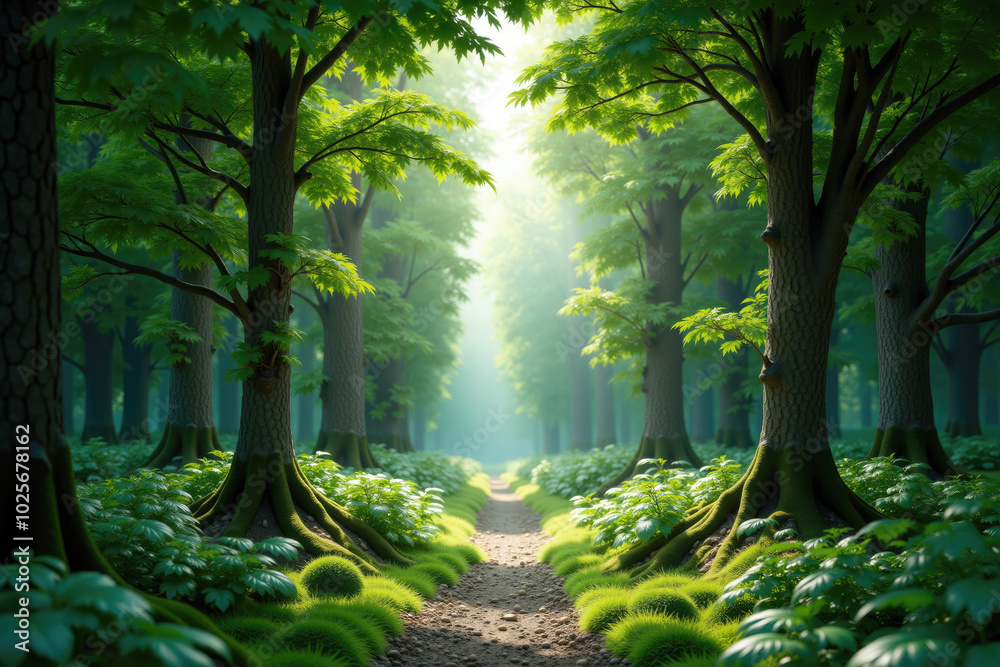 Obraz premium Sun shining through trees on path leading through green forest