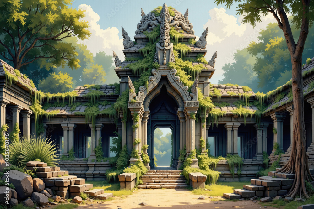 Ancient stone temple ruins being reclaimed by jungle greenery Ancient stone temple ruins being reclaimed by jungle greenery