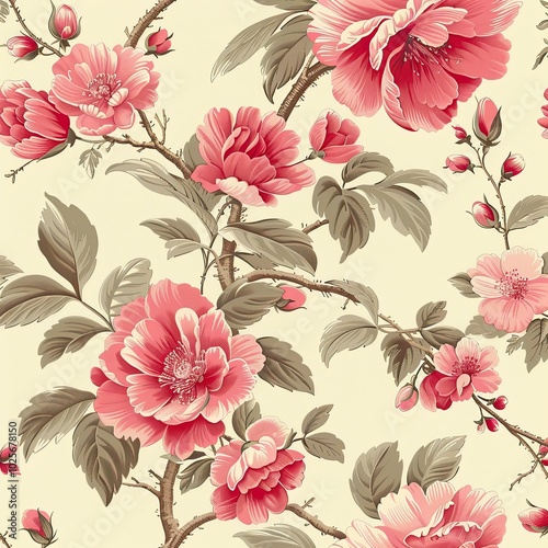 Vintage pink flower pattern on ivory background
