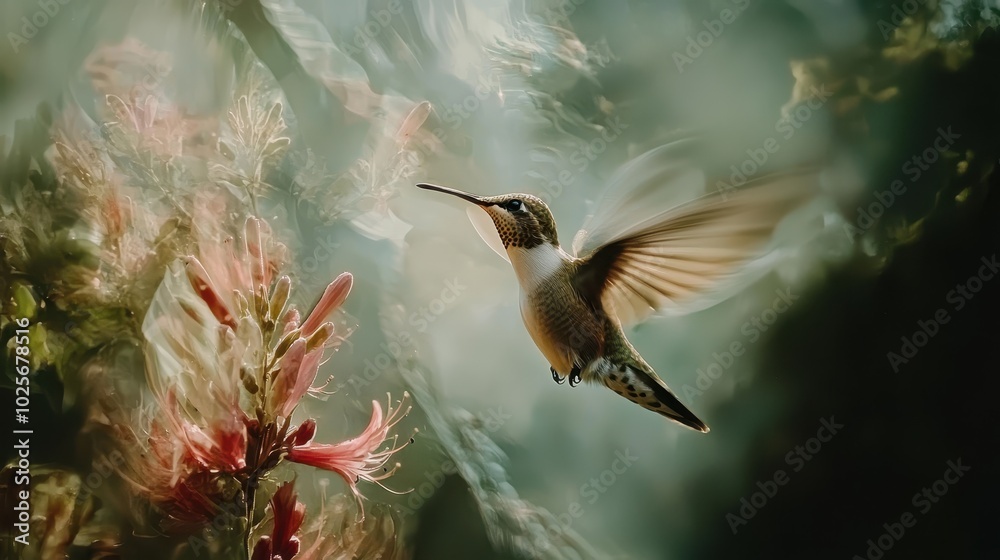 Fototapeta premium Hummingbird Hovering Near Bright Flower