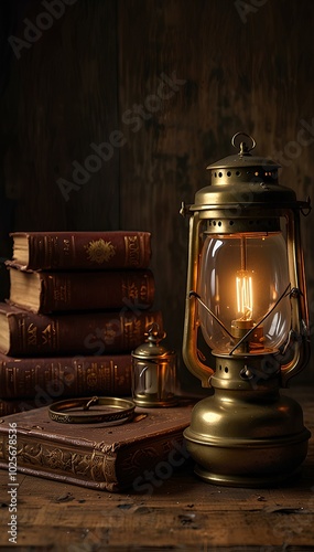 Still Life with Vintage Brass Clock, Old Book, and Lantern on Rustic Wooden Table photo